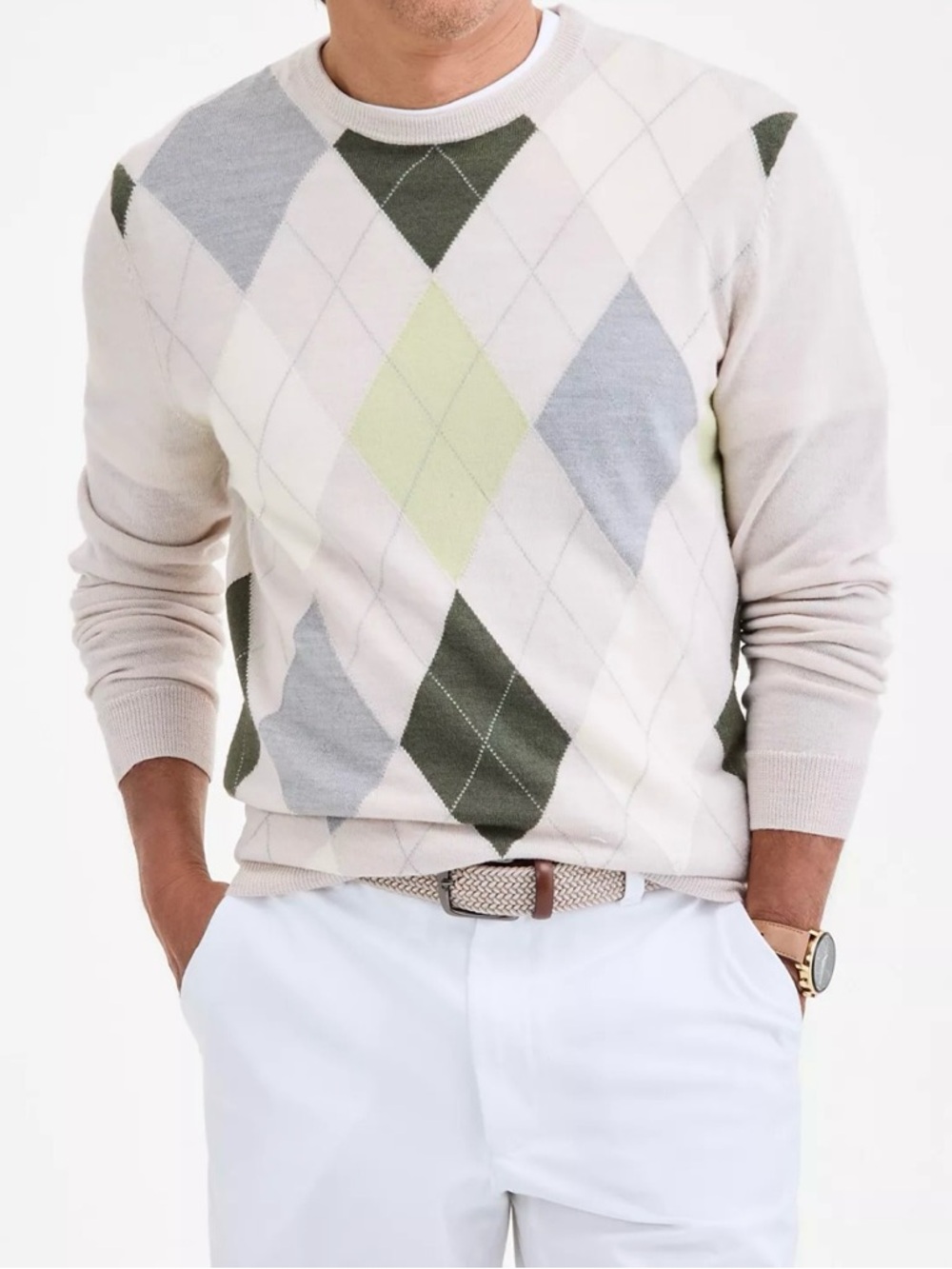Club Room Merino Wool Argyle Sweater Mens XL Beige Green Gray Crewneck